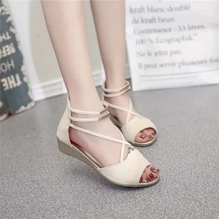 Chicvane Strappy Metallic Splicing Spanish Sandals Zipper Wedge Sandals