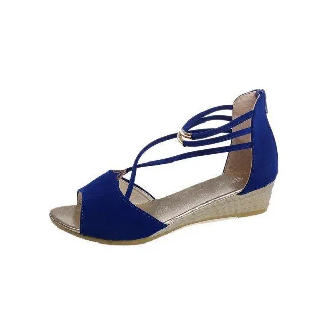 Chicvane Strappy Metallic Splicing Spanish Sandals Zipper Wedge Sandals