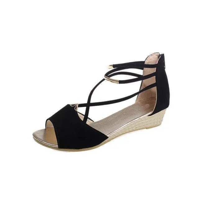 Chicvane Strappy Metallic Splicing Spanish Sandals Zipper Wedge Sandals