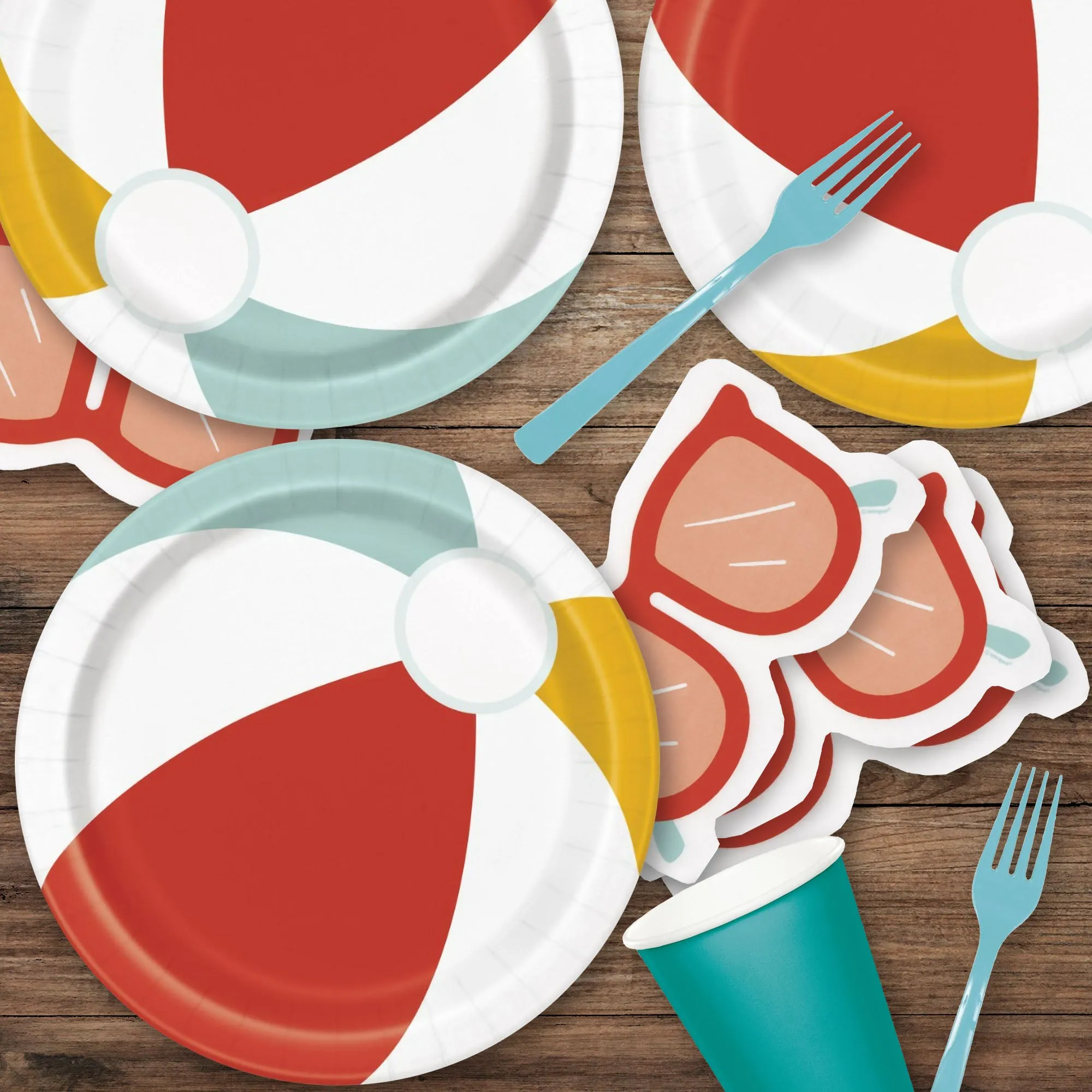 Poolside Summer Beach Ball Round Paper Dinner Plates and Sunglasses Shaped Lunch Napkins