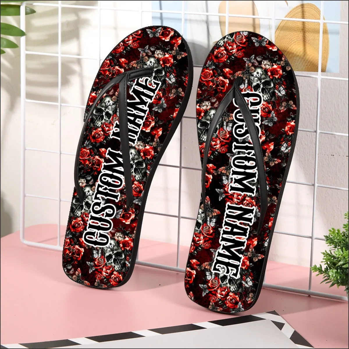 Skull Rose Gothic Pattern Flip Flops for Women Beach