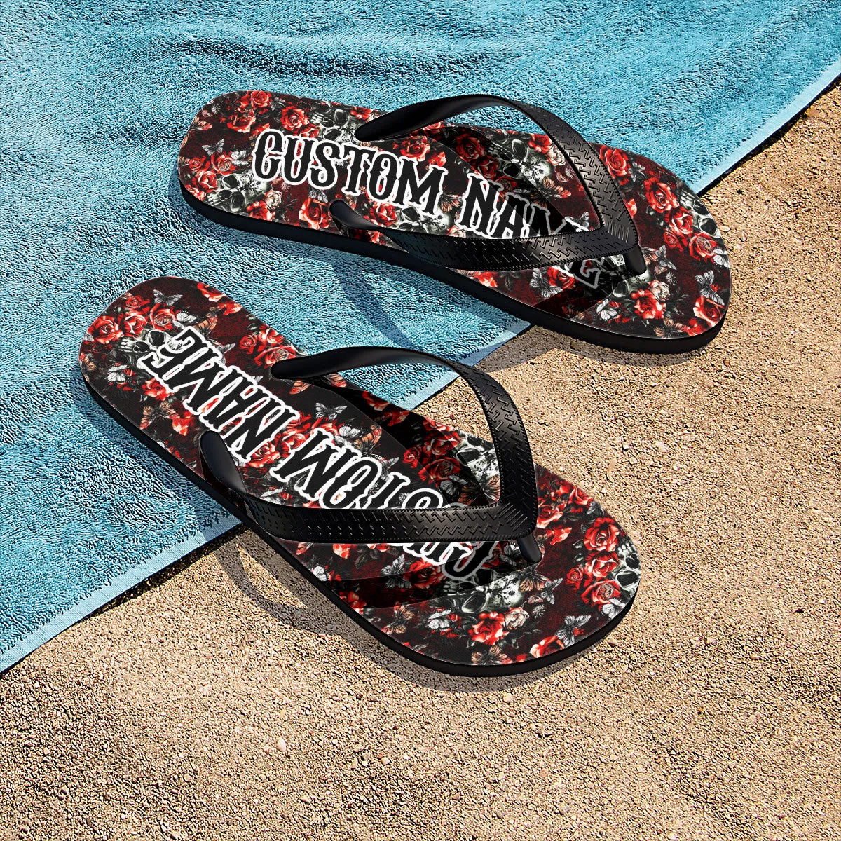 Skull Rose Gothic Pattern Flip Flops for Women Beach