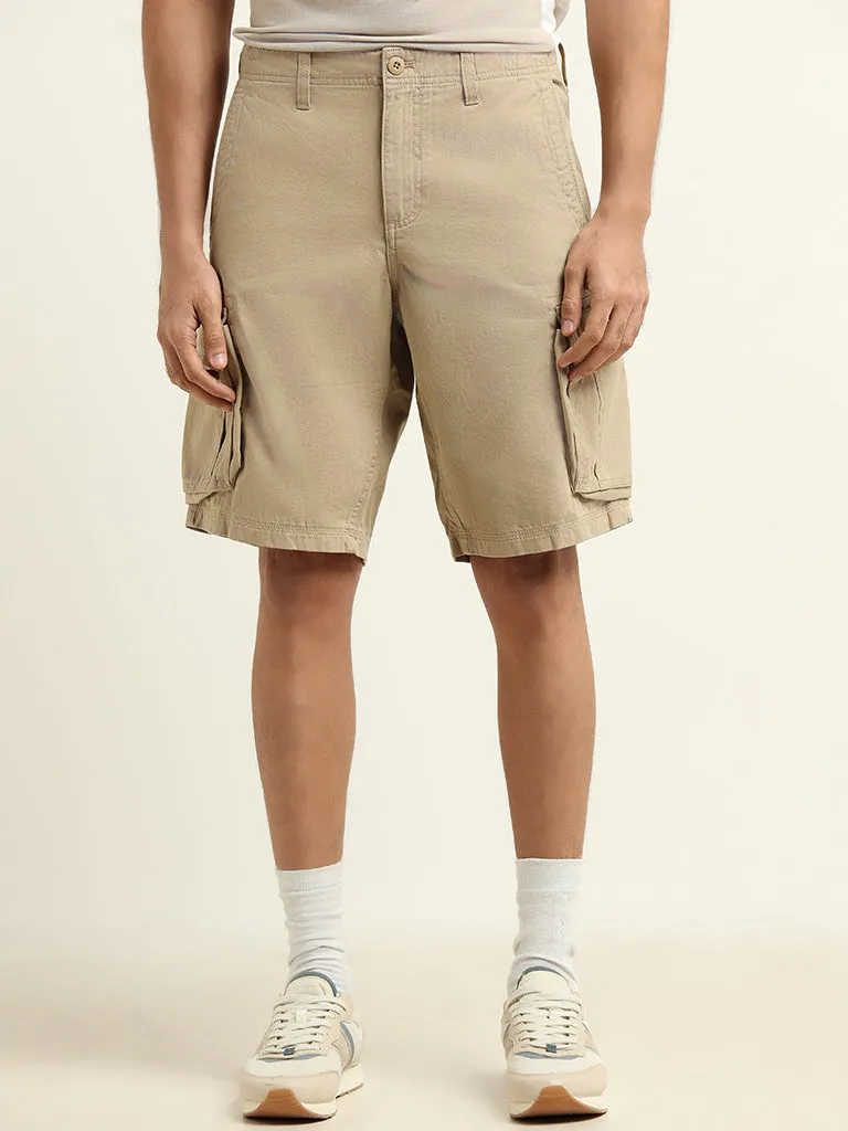WES Casuals Beige Relaxed Fit Cargo Shorts
