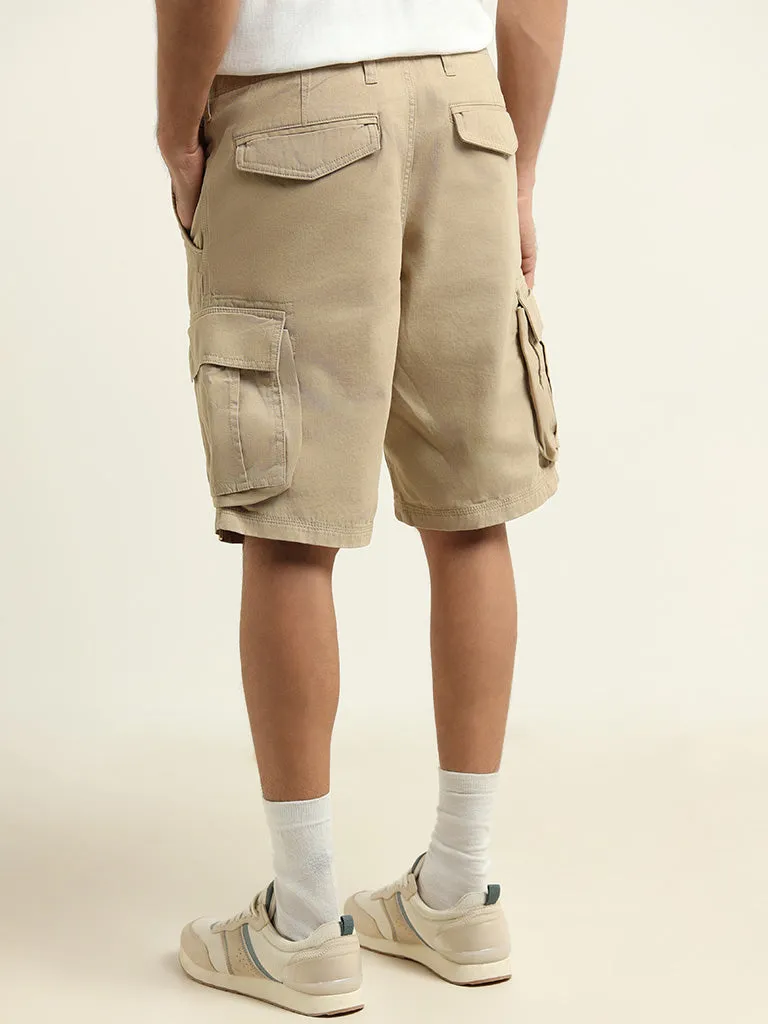 WES Casuals Beige Relaxed Fit Cargo Shorts